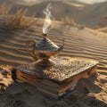 Antique oil lamp on ancient book in desert Royalty Free Stock Photo
