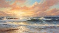 Antique Oil Painting Of Sea Waves At Sunset
