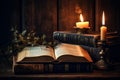 Antique Old book and candles on wooden table. Generate AI Royalty Free Stock Photo