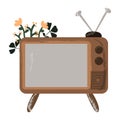 Antique old television in retro style with flowers. TV vintage icon