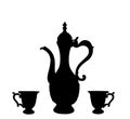 Antique oriental teapot ewer and cups vector silhouette illustration isolated on white ground.