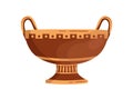 Antique ornamented vase with handles. Ancient clay amphora. Greek pottery decorated with hellenic ornament. Flat vector