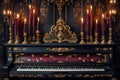 Antique ornate piano with burning candles in the interior of a old castle. Luxury illustration in vintage style