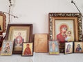 Antique orthodox christian icons on the shelf
