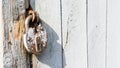 Antique padlock on a wooden door. Metal vintage lock. Rusty old door lock