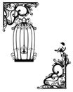 Antique page decor black and white vector design set with open bird cage Royalty Free Stock Photo