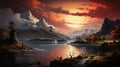 Antique Painting Of A Cheery Fjord At Sunset Royalty Free Stock Photo