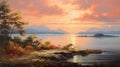 Antique Painting Of A Serene River At Sunset Royalty Free Stock Photo