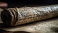 Antique parchment manuscript, selective focus on ancient Bible text generated by AI