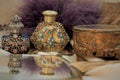 The Antique Perfume Bottles With The Mirror and Boxes Royalty Free Stock Photo