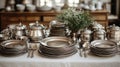 Antique pewter tableware shop display Royalty Free Stock Photo