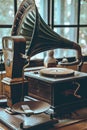 Antique phonograph record player on display in a museum setting Royalty Free Stock Photo