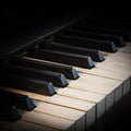 Antique piano keyboard fading into a black background with copy