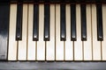 Antique piano with yellowish old keyboard close-up