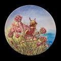 Antique plate depicting fantasy characters.