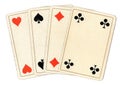 Antique playing cards showing four fours.