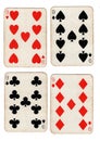 Antique playing cards showing four nines. Royalty Free Stock Photo