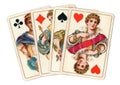 Antique playing cards showing four queens. Royalty Free Stock Photo