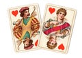 Antique playing cards showing a jack and queen of hearts. Royalty Free Stock Photo