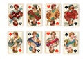 Antique playing cards showing jacks and queens in all four suits. Royalty Free Stock Photo