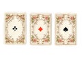 Antique playing cards showing three aces. Royalty Free Stock Photo