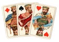 Antique playing cards showing three kings. Royalty Free Stock Photo