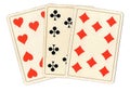Antique playing cards showing three tens. Royalty Free Stock Photo