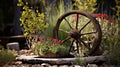 Antique plow wheel repurposed as charming garden decor