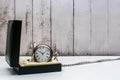 Antique pocket watch in a box and with a silver-plated chain Royalty Free Stock Photo