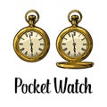 Antique pocket watch with metal lid. Vector vintage engraved illustration. Isolated on white background Royalty Free Stock Photo