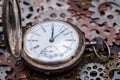 Antique pocket watch and old vintage hour metallic gears on natural stone Royalty Free Stock Photo