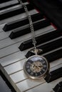 Antique pocket watch on piano keyboard. Time for music conceptual