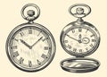 Antique pocket watch, retro clock. Time concept. Vector vintage engraved illustration Royalty Free Stock Photo