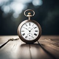 Antique pocket watch time keeper on wooden table