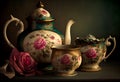 Antique porcelain tea set with floral ornament isolated on black background. AI Generated Royalty Free Stock Photo