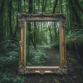 Antique portal mirror in the forest. Created with generative AI Royalty Free Stock Photo