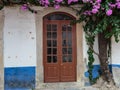 Antique Portuguese Architecture: Old Brown Door near Vegetation in Obidos Main Street - Portugal Royalty Free Stock Photo