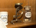 Accurate, medical, vintage, antique powder scales standing on a shelf Royalty Free Stock Photo