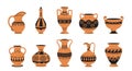 Antique pottery vases. Cartoon old vase, old pot, greek amphora, ancient urn with decorative ornaments and patterns Royalty Free Stock Photo