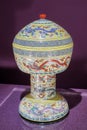 Antique Qing Qianlong Yellow Ground Ritual Food Vessel Deng Container Polychrome-glazed Clouds Dragons Palace Museum Ancient House