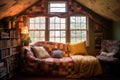 an antique quilt draped over a cozy reading nook Royalty Free Stock Photo