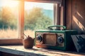 An antique radio stands by the window, a nostalgic reminder of a bygone era. Royalty Free Stock Photo