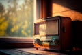 An antique radio stands by the window, a nostalgic reminder of a bygone era. Royalty Free Stock Photo