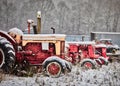 Antique tractors lined up in a snow storm