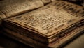 Antique religious text on old parchment, stained and torn generated by AI