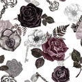 Antique retro gothic style seamless pattern with watercolor red, black and burgundy roses, vintage key and padlock on white