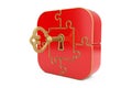 Antique Retro Old Golden Key in Red Jigsaw Puzzle Box. 3d Rendering Royalty Free Stock Photo