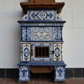 Antique retro oven tiled with blue Dutch tiles,