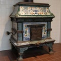 Antique retro oven tiled with blue Dutch tiles,