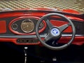 Antique Retro Style Vintage Mini Cooper Convertible Car Dashboard Red Vehicle Lifestyle Transportation Design Chrome Design Detail